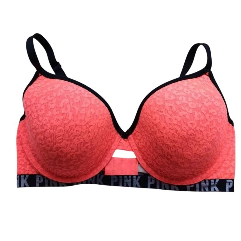 Victoria's Secret PINK Bra Womens 36DD Neon‎ Pink Lace Push Up Wear Everywhere